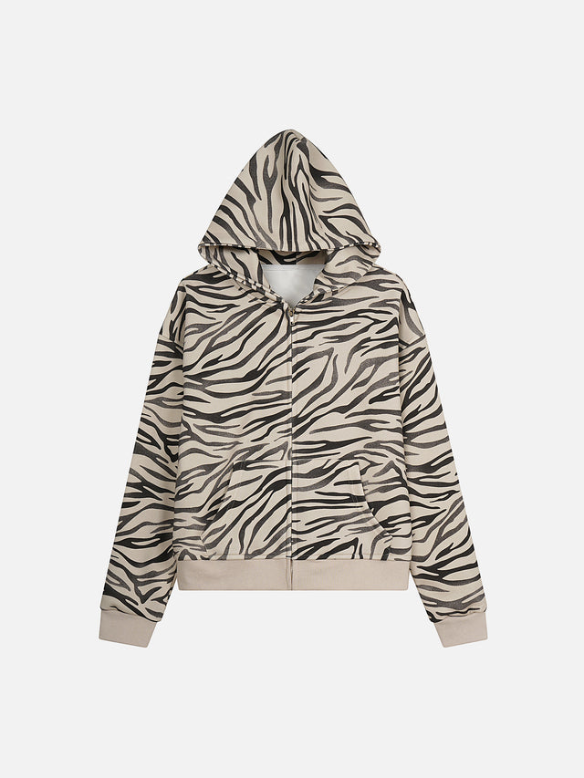 All-Over Tiger Zebra Animal Pattern Boxy Zip Hoodie