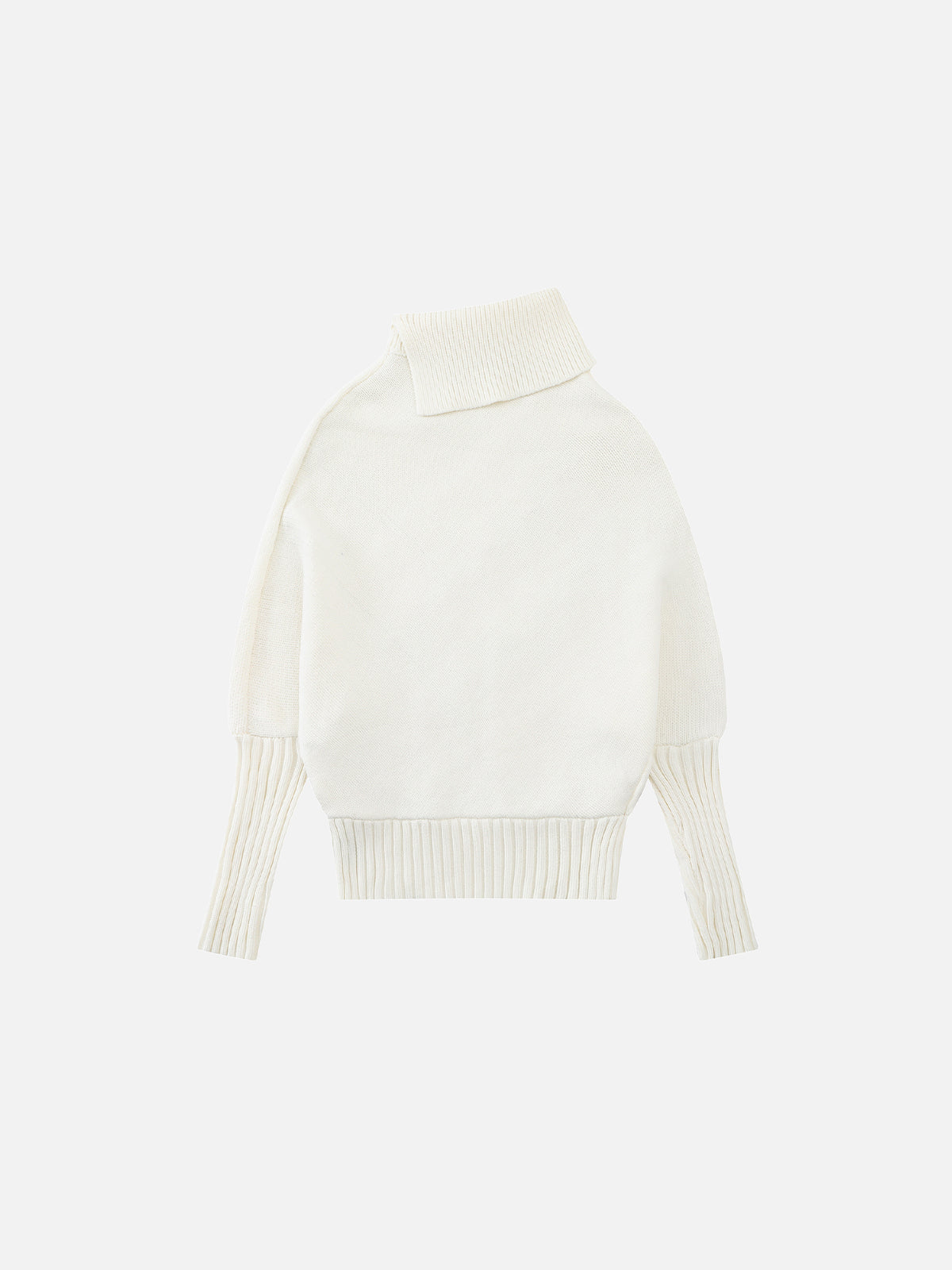 Ribbon-Woven Cable-Knit Asymmetrical Turtleneck Regular-Fit Sweater