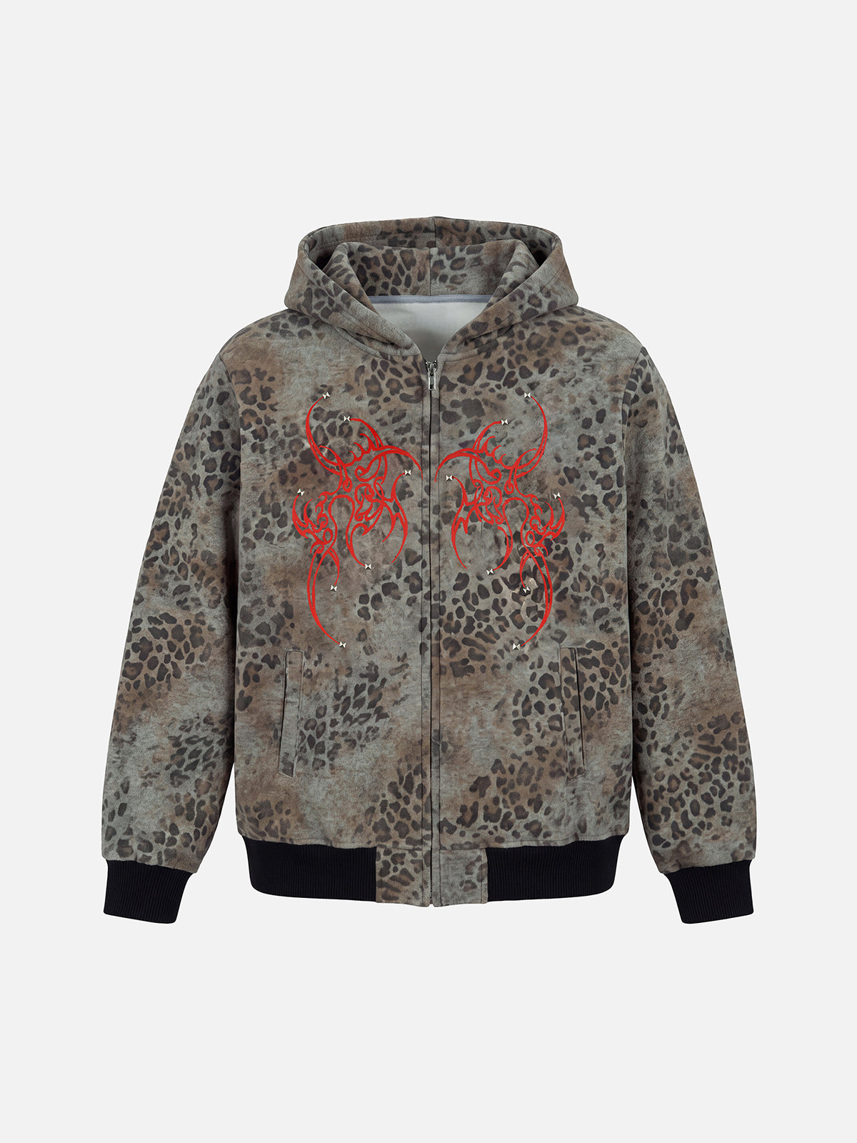 Tribal Studded Leopard Graphic Double-Headed Eagle Boxy Zip Hoodie