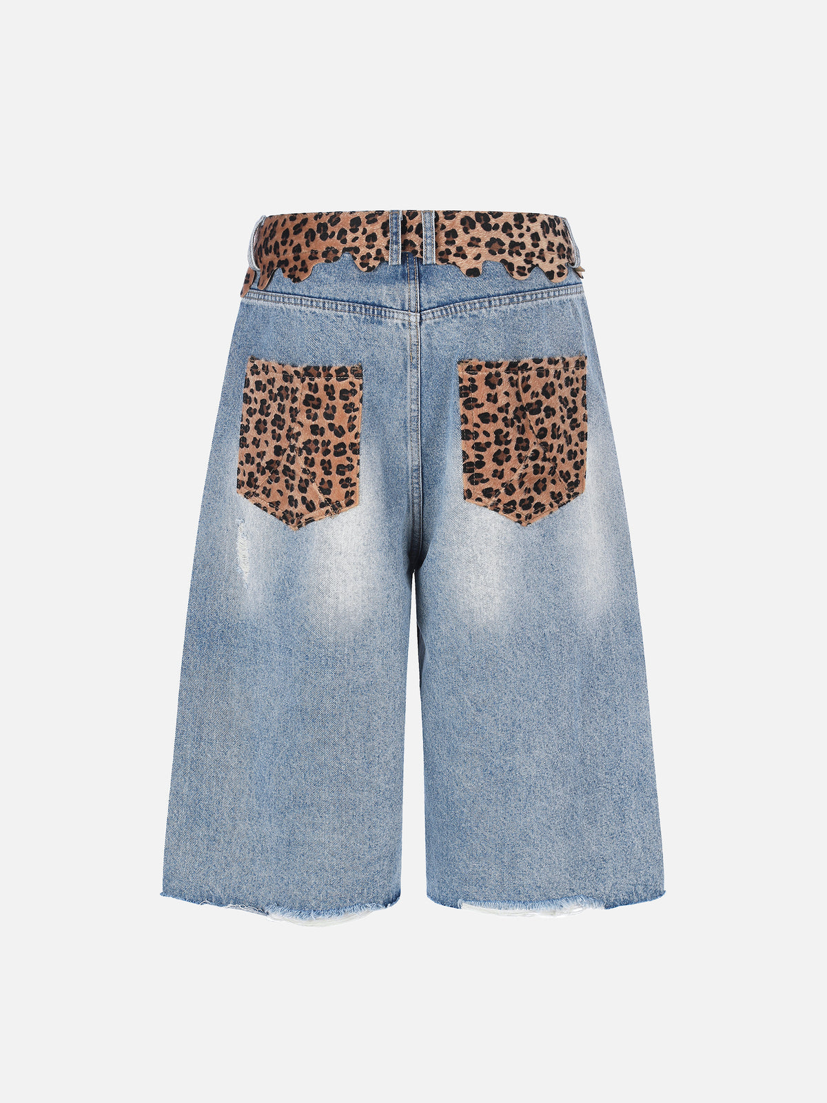 Leopard-Print Trim Distressed Denim Shorts