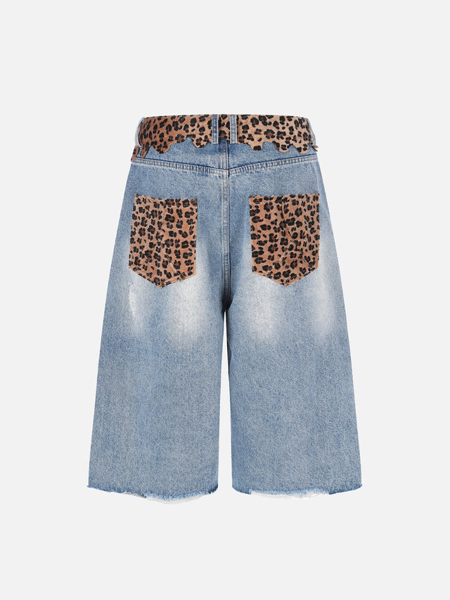 Leopard-Print Trim Distressed Denim Shorts