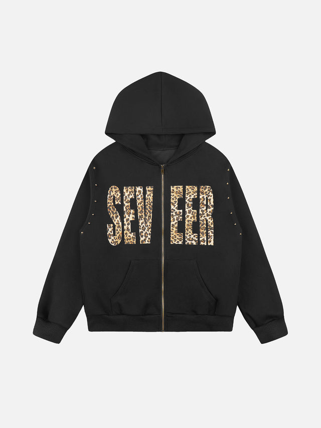 Leopard-Print Lettering Oversize Zip-Up Hoodie