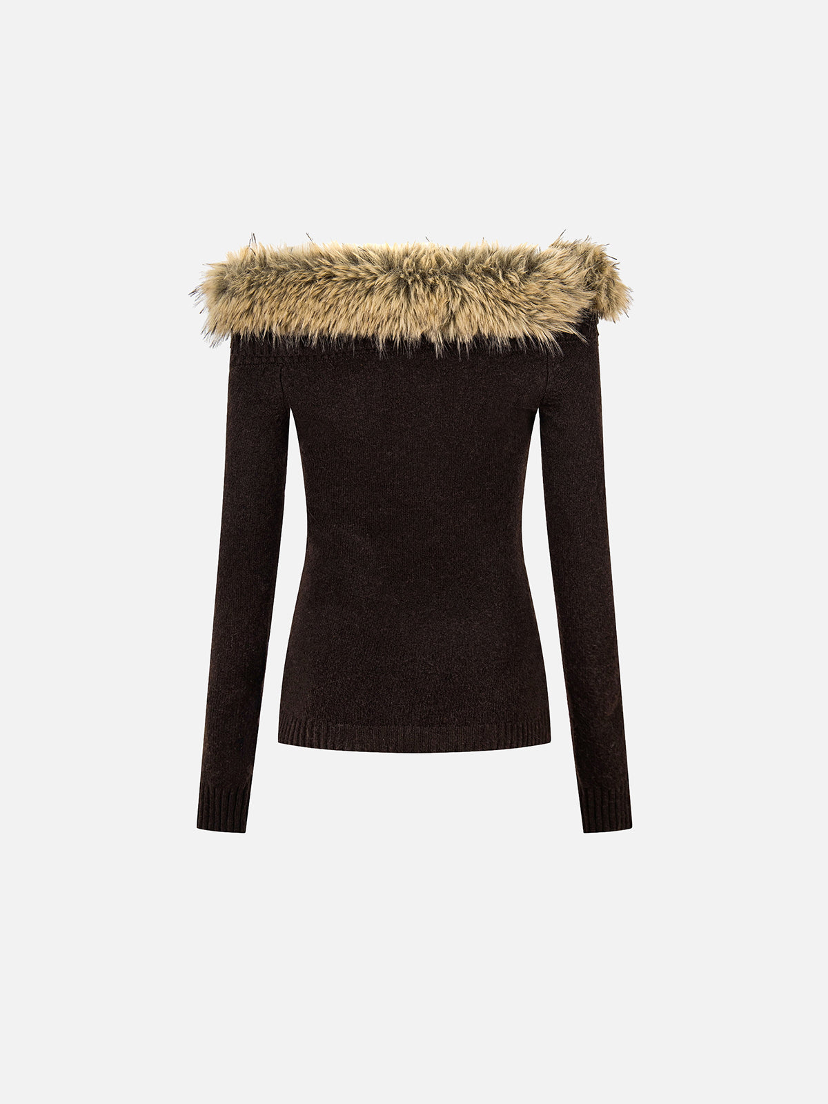 Faux-Fur-Trim Toggle Off-Shoulder Slim Knit Sweater