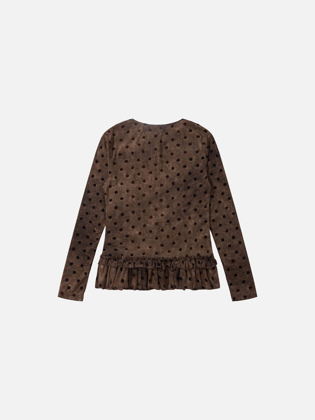 Polka Dot Ruffled-Hem Slim Long-Sleeve T-Shirt