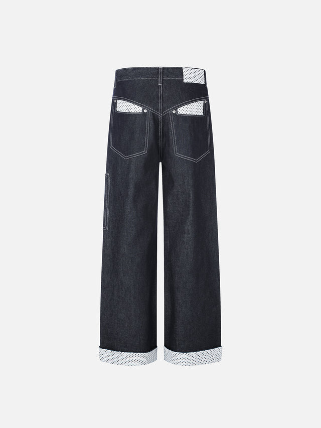 Polka-Dot Panelled Turn-Up Straight-Leg Jeans