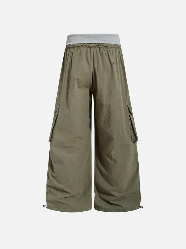 Foldover Waist Shirred Cargo Parachute Pants