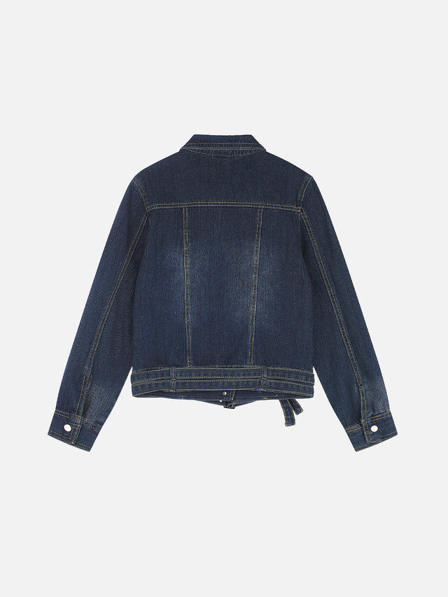 Buckled Eyelet-Belt Washed Boxy Denim Jacket