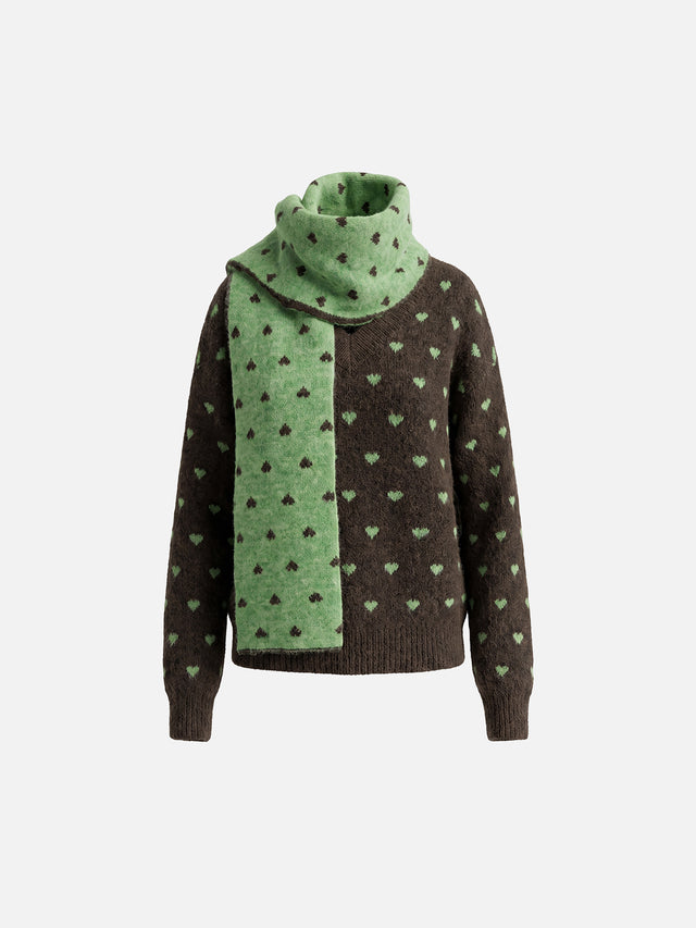 All-Over Heart Jacquard V-Neck Sweater With Matching Knit Scarf Set
