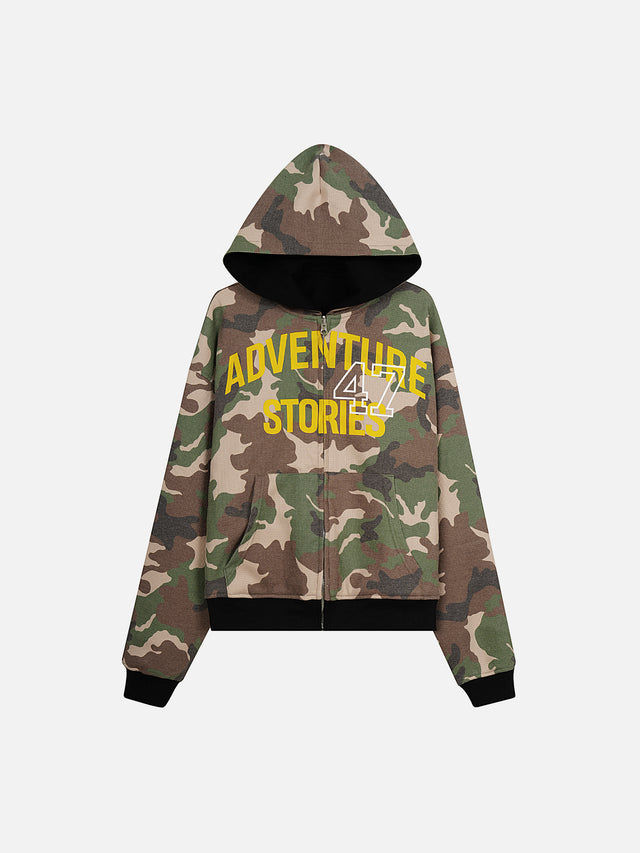 Reversible Camouflage Graphic Waffle-Knit Boxy Zip Hoodie