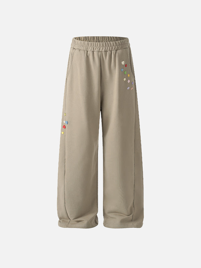 Novelty Button-Embellished Curved-Seam Baggy Barrel Sweatpants