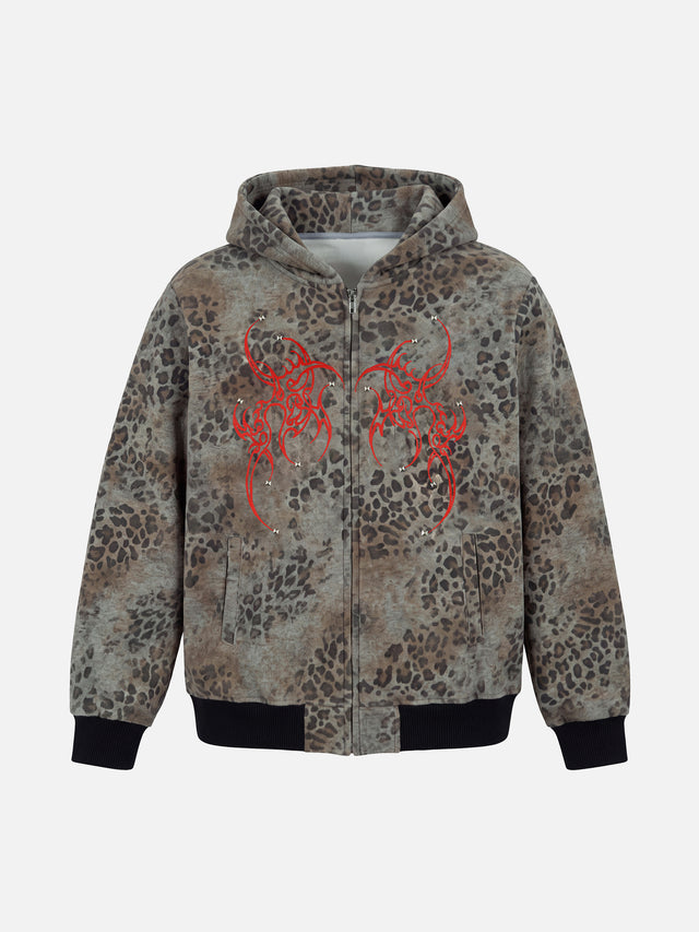 Tribal Studded Leopard Graphic Double-Headed Eagle Boxy Zip Hoodie
