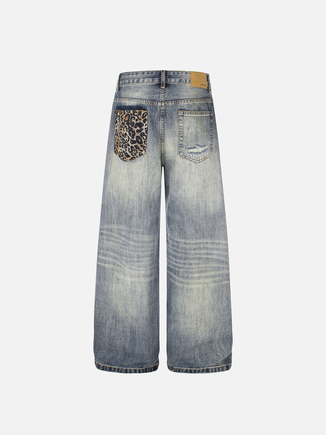 Leopard-Patch Distressed Washed Straight-Leg Jeans