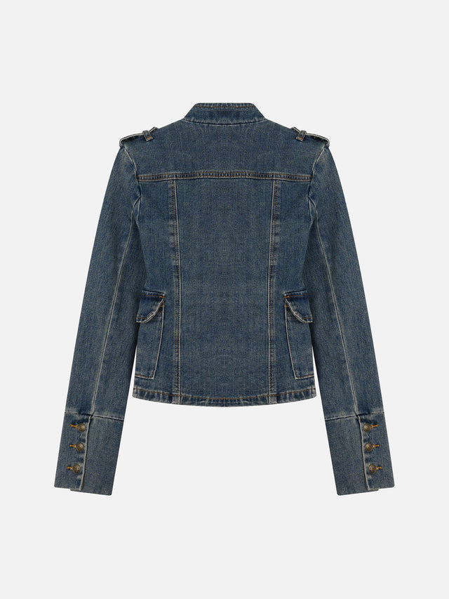 Military Style Buttoned Denim Jacket
