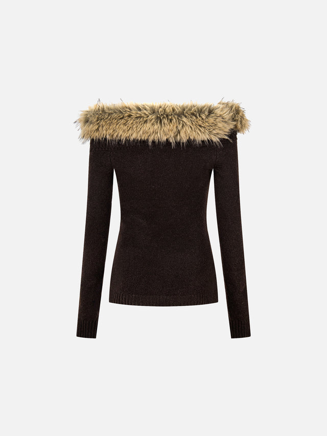 Faux-Fur-Trim Toggle Off-Shoulder Slim Knit Sweater