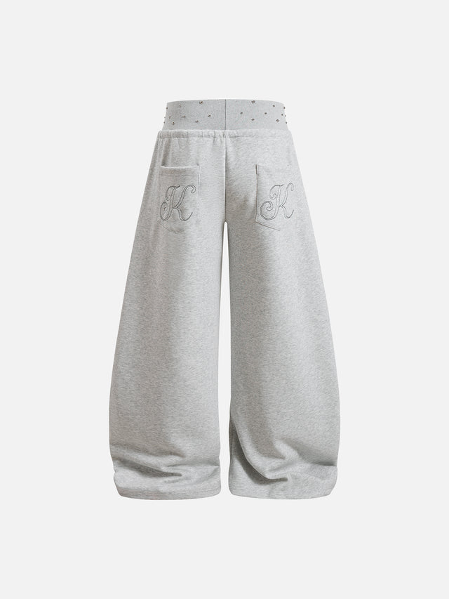 Studded Foldover-Waist Curved-Seam Baggy Sweatpants
