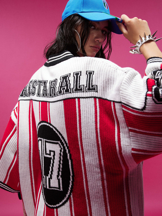 Number Striped Pattern Sports Knit Sweater