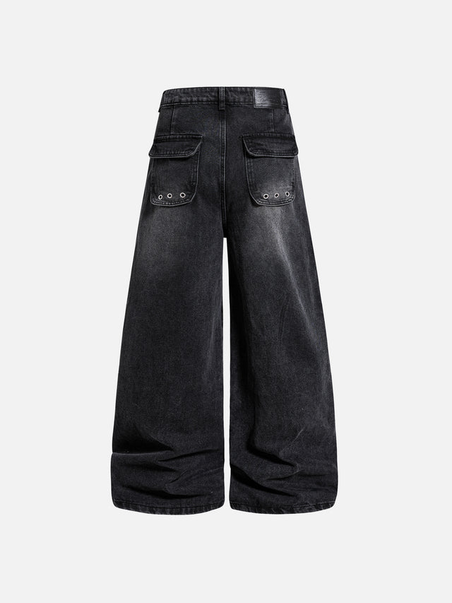 Studded Panel Washed Baggy Jeans