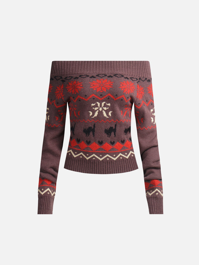 Cat & Snowflake Fair Isle Off-Shoulder Slim Knit Sweater