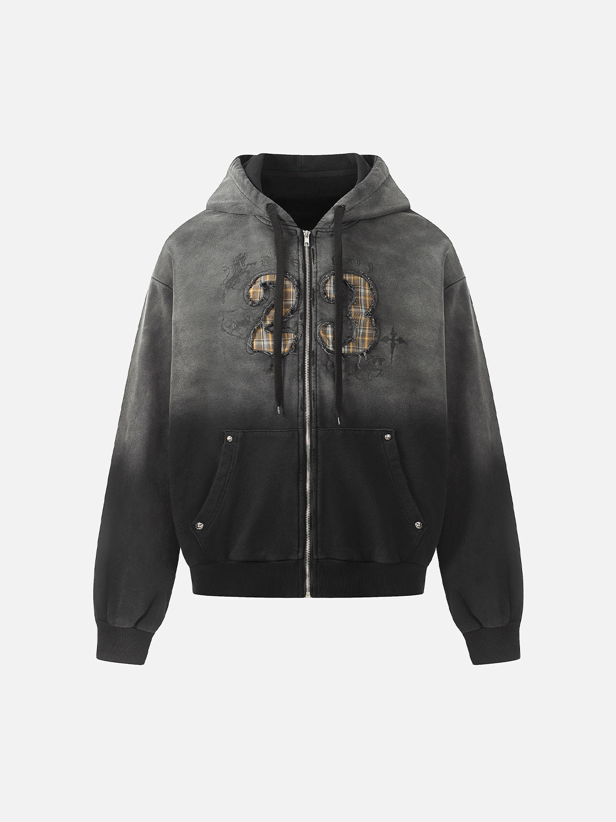 Ombré Wash Plaid Appliqué Number 23 Boxy Zip Hoodie