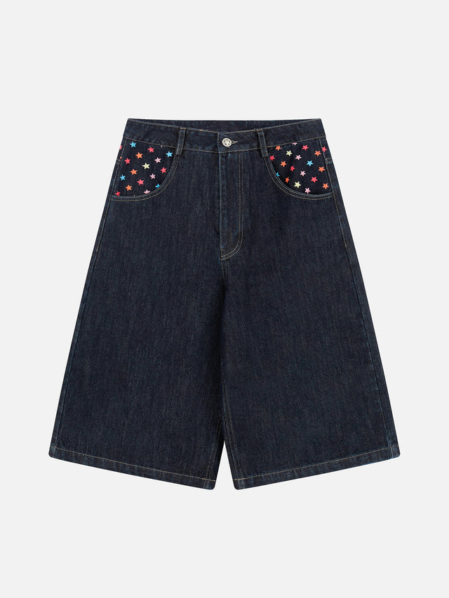 Rainbow Star Embroidered Cinch-Back Baggy Denim Jorts