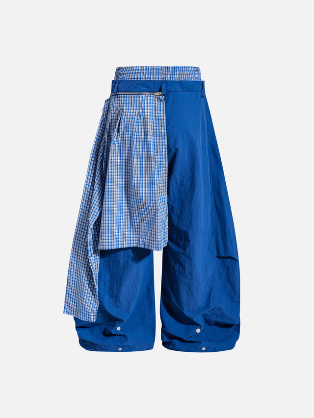 Plaid-Panel Asymmetric Double-Waistband Super Baggy Parachute Pants