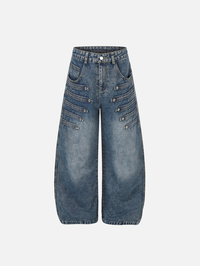 Studded Multi-Welt Balloon Baggy Jeans