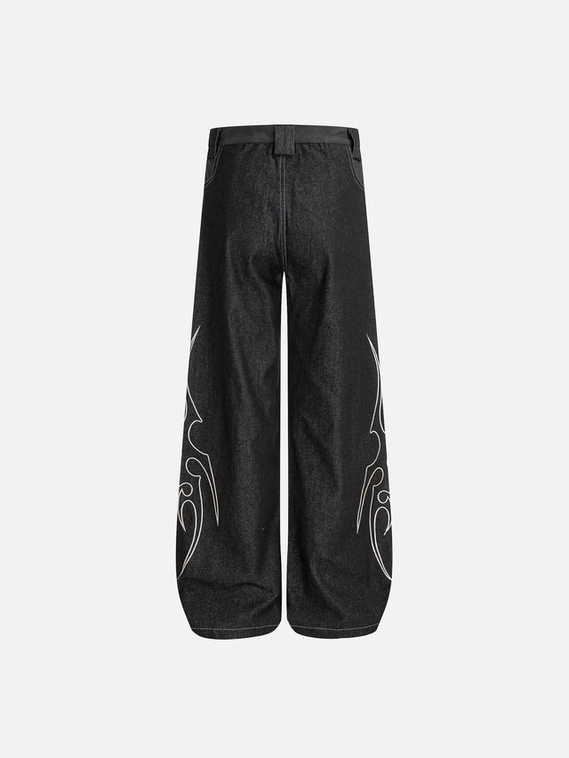 Tribal Embroidered Contrast-Stitch Baggy Barrel Jeans