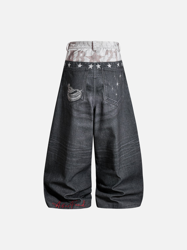 Double-Waistband Ripped Star-Print Super-Baggy Jeans