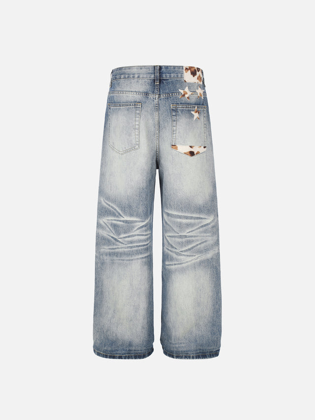 Cow-Print Patch Whiskered Straight-Leg Jeans