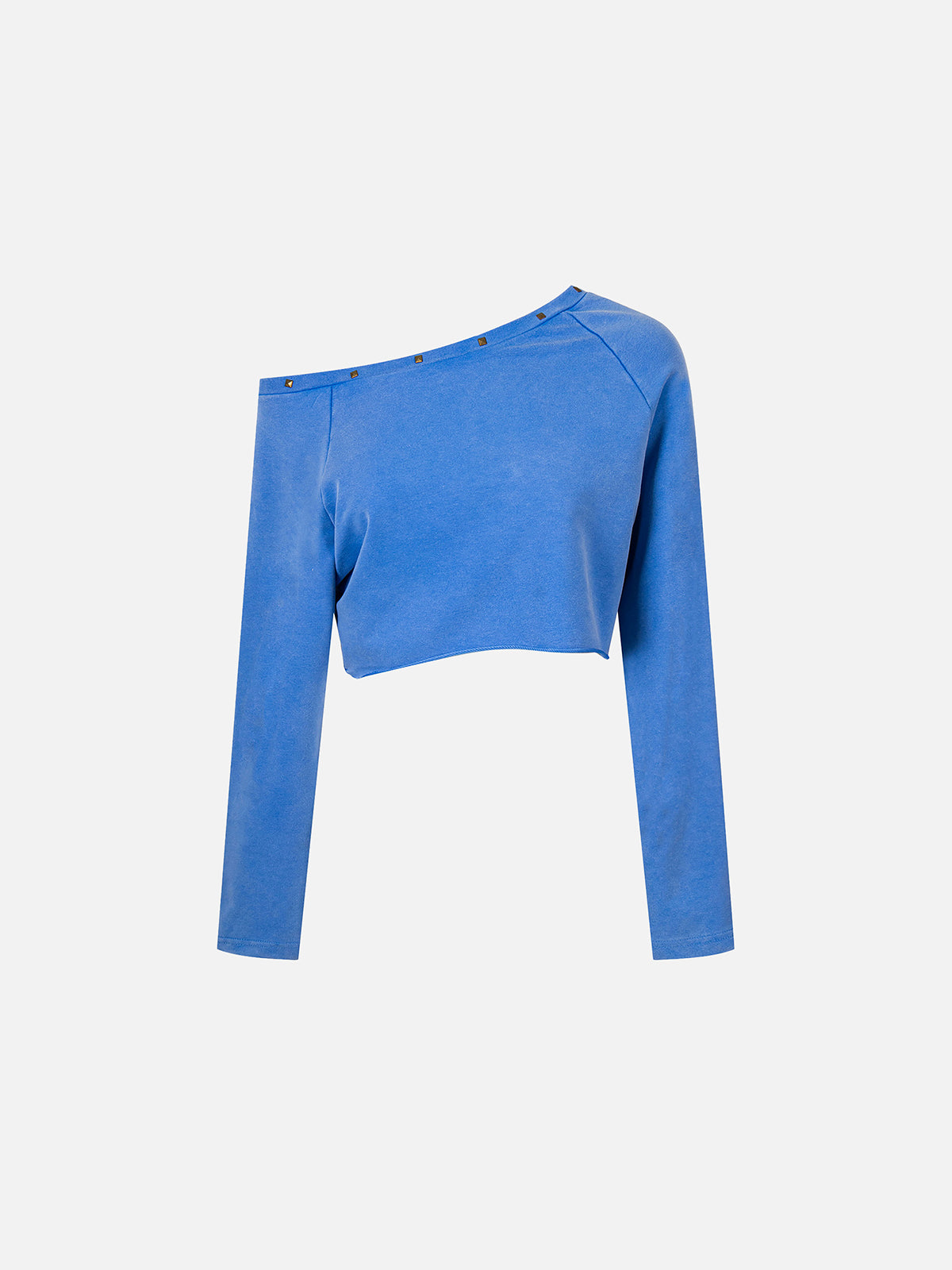 Studded Asymmetrical Off-Shoulder Cropped Long-Sleeve Sweatshirt