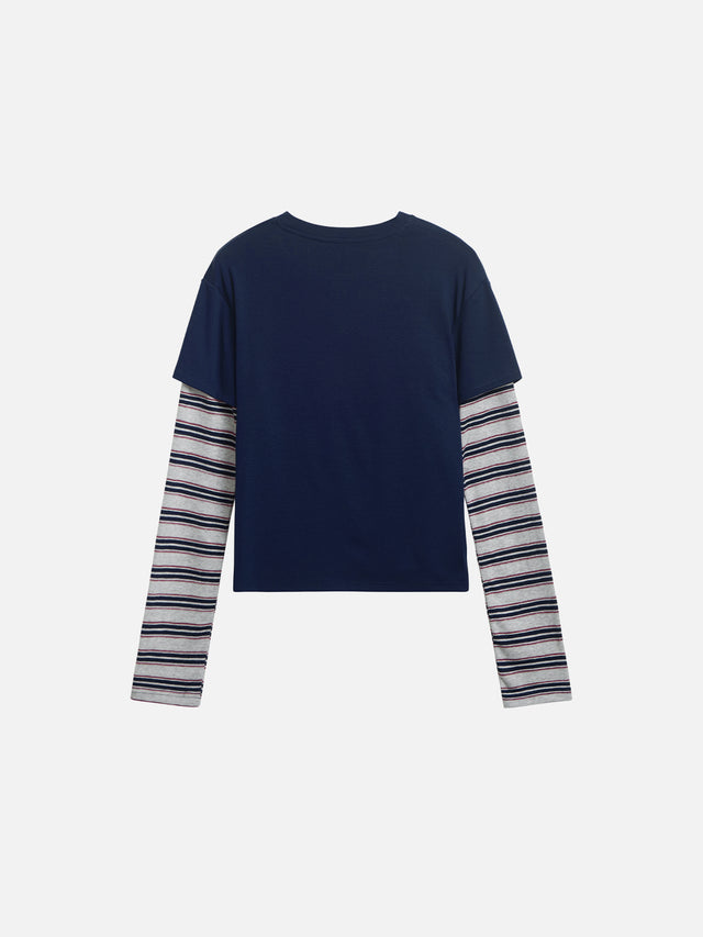 Pixel Figure Striped Double-Layer Long-Sleeve Boxy T-Shirt