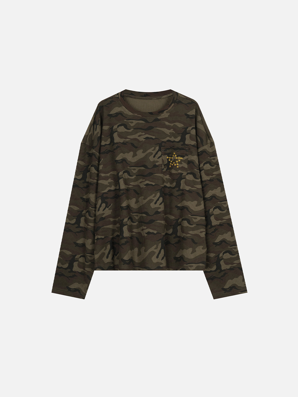 Camo Waffle-Knit Star-Embroidered Pocket Boxy Long-Sleeve T-Shirt