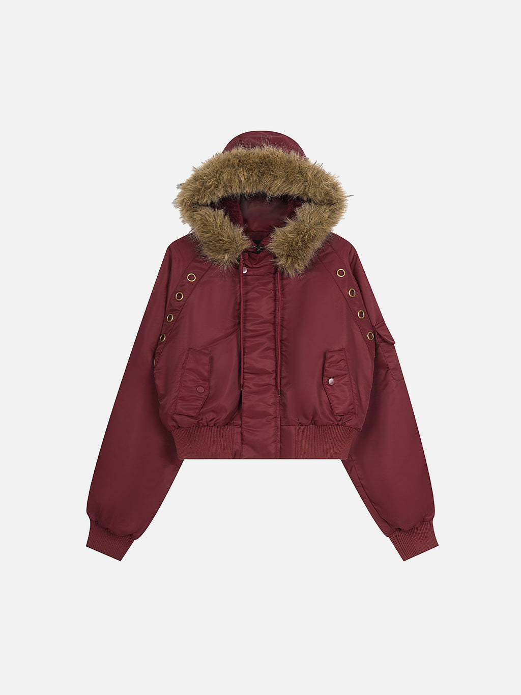 Faux-Fur Hood Eyelet-Accented Boxy Bomber Jacket