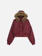 Faux-Fur Hood Eyelet-Accented Boxy Bomber Jacket