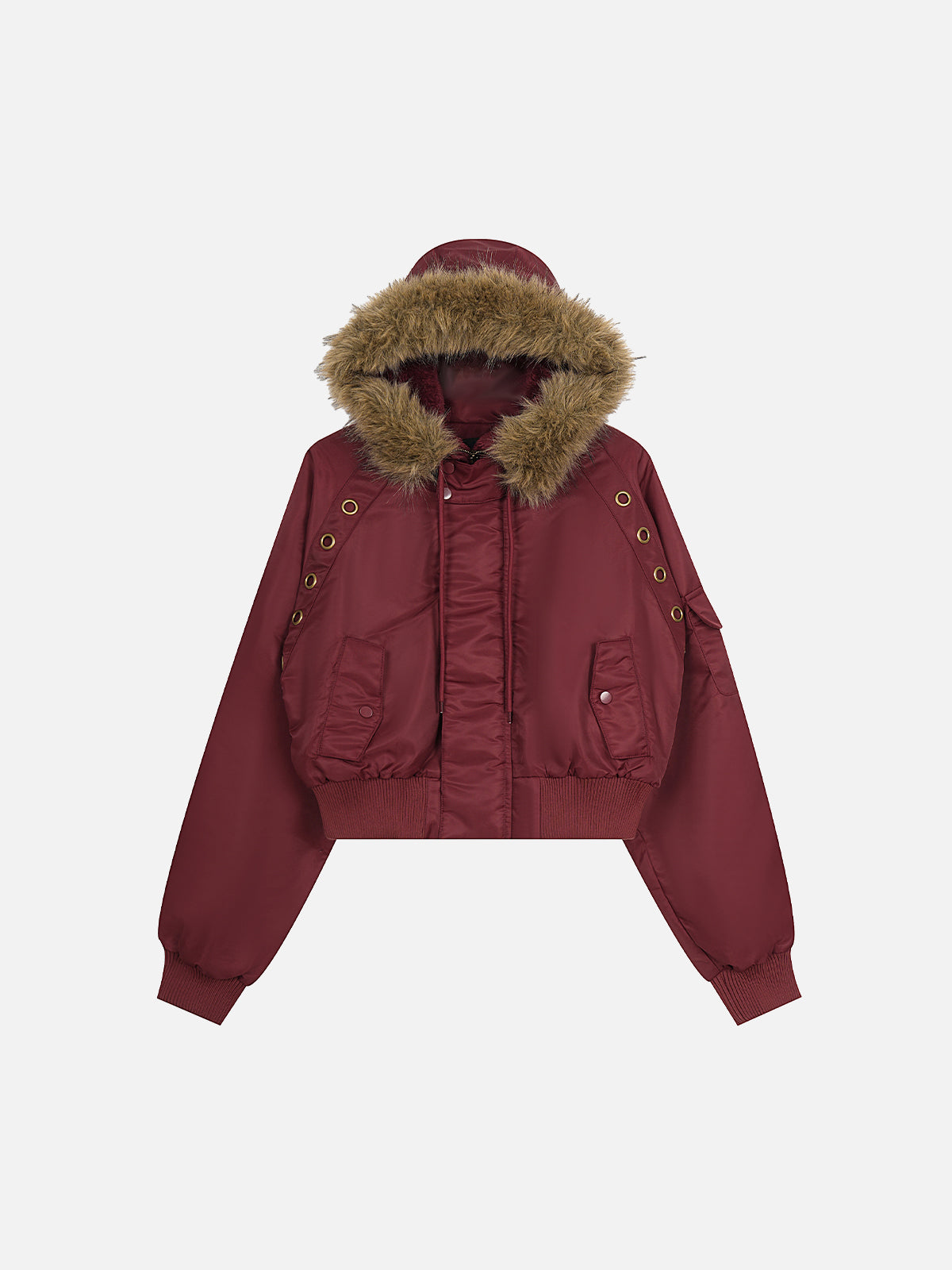 Faux-Fur Hood Eyelet-Accented Boxy Bomber Jacket