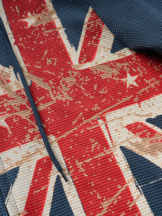 Distressed Union Jack Graphic Waffle-Knit Boxy Zip-Up Hoodie