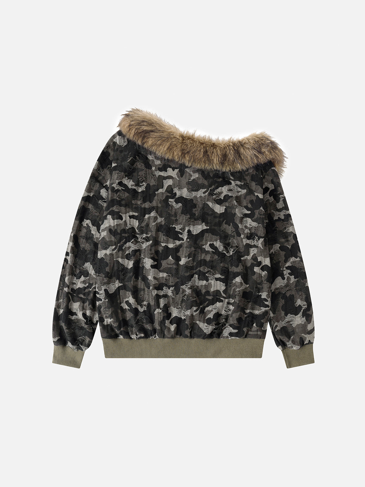 Faux-Fur Trim Distressed Camouflage Military Frog-Braiding Oversized Sweatshirt