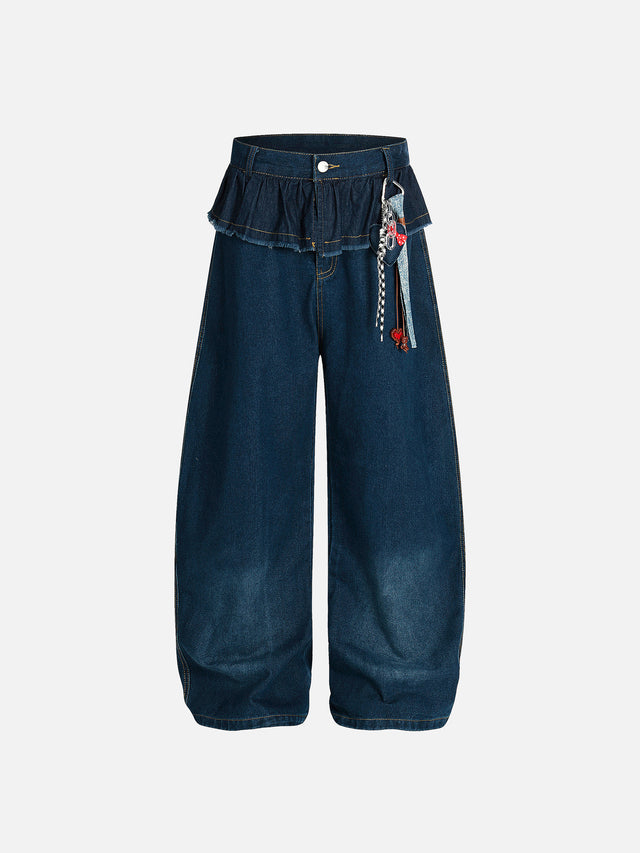 Tiered Peplum Ruffle Charm-Accented Baggy Denim Jeans