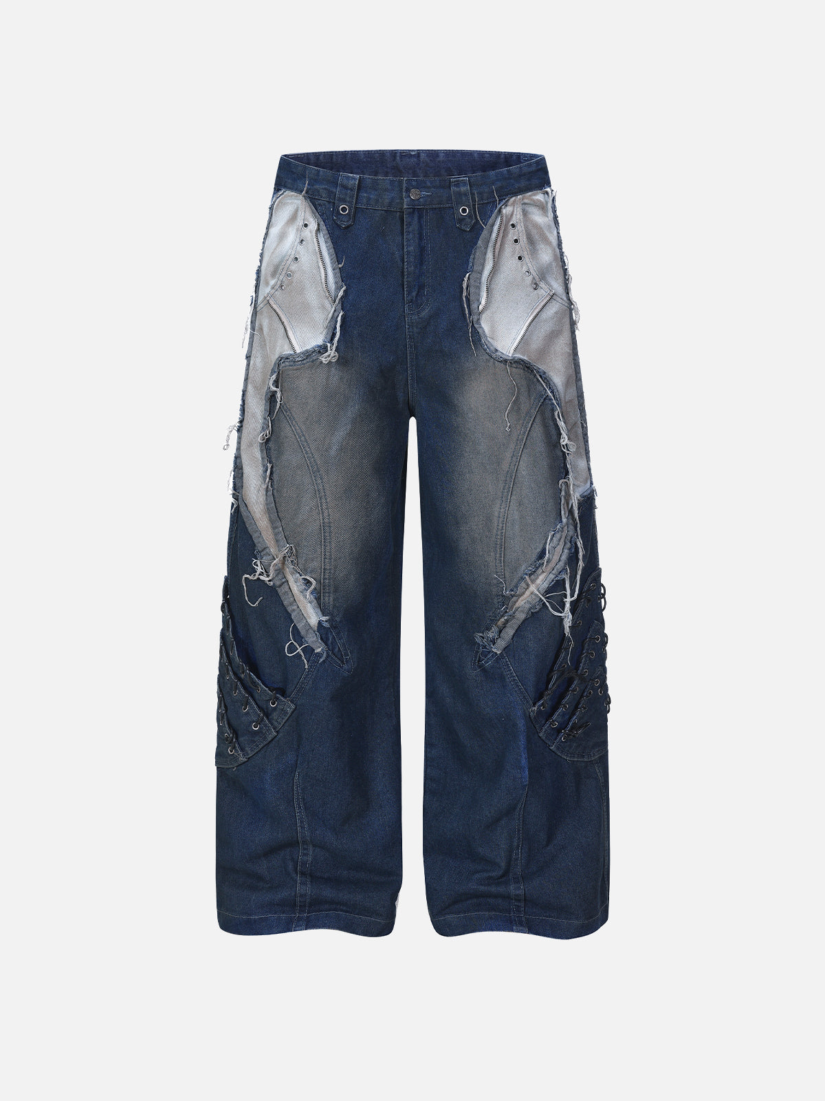 Deconstructed Distressed Lace-Up Cargo Straight Denim Pants