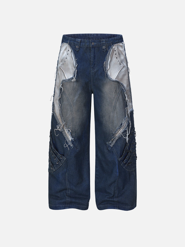 Deconstructed Distressed Lace-Up Cargo Straight Denim Pants