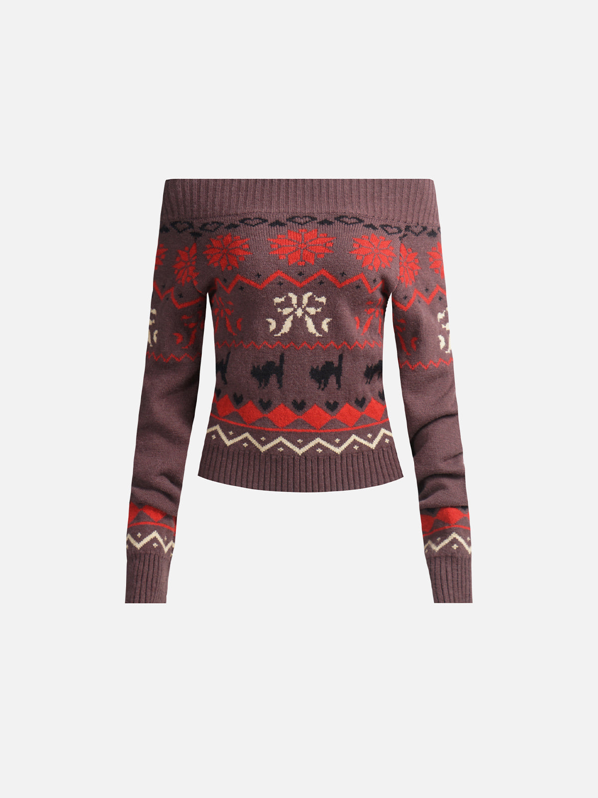 Cat & Snowflake Fair Isle Off-Shoulder Slim Knit Sweater