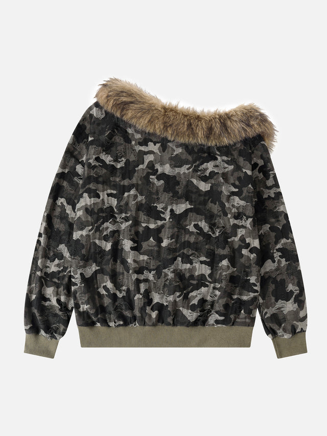 Faux-Fur Trim Distressed Camouflage Military Frog-Braiding Oversized Sweatshirt