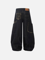 Leopard-Trim Multi-Pocket Baggy Jeans