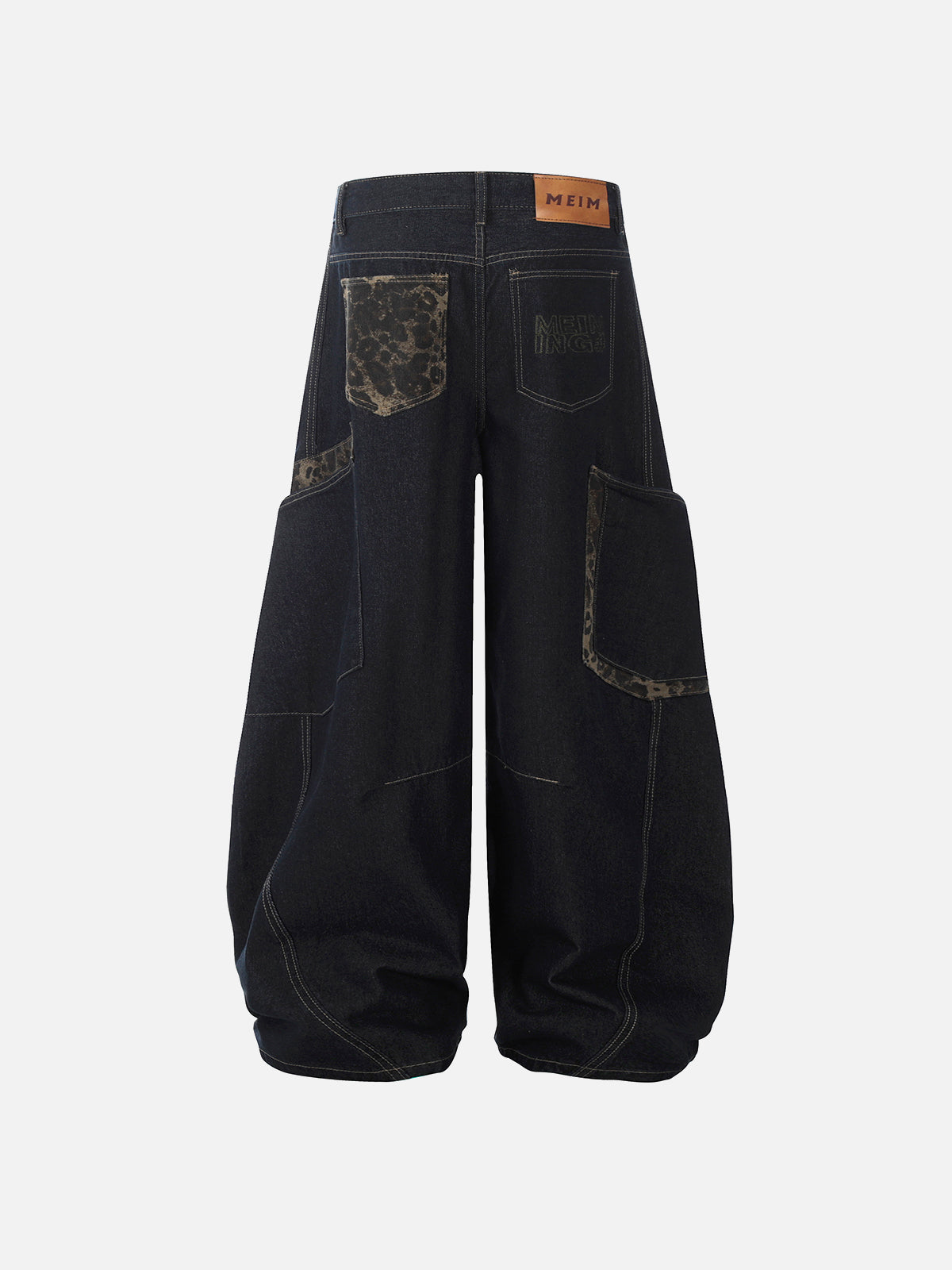 Leopard-Trim Multi-Pocket Baggy Jeans