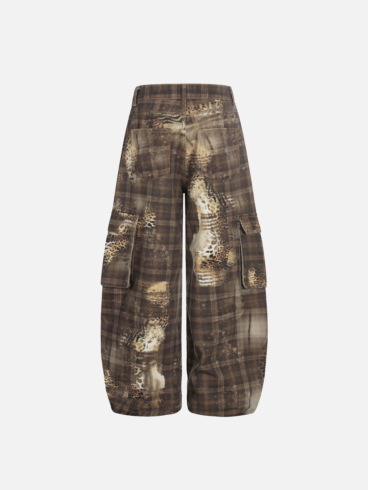 Bleached Plaid Leopard-Print Flap Cargo Baggy Denim Pants