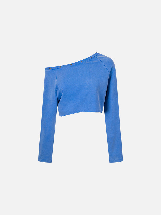 Studded Asymmetrical Off-Shoulder Cropped Long-Sleeve Sweatshirt