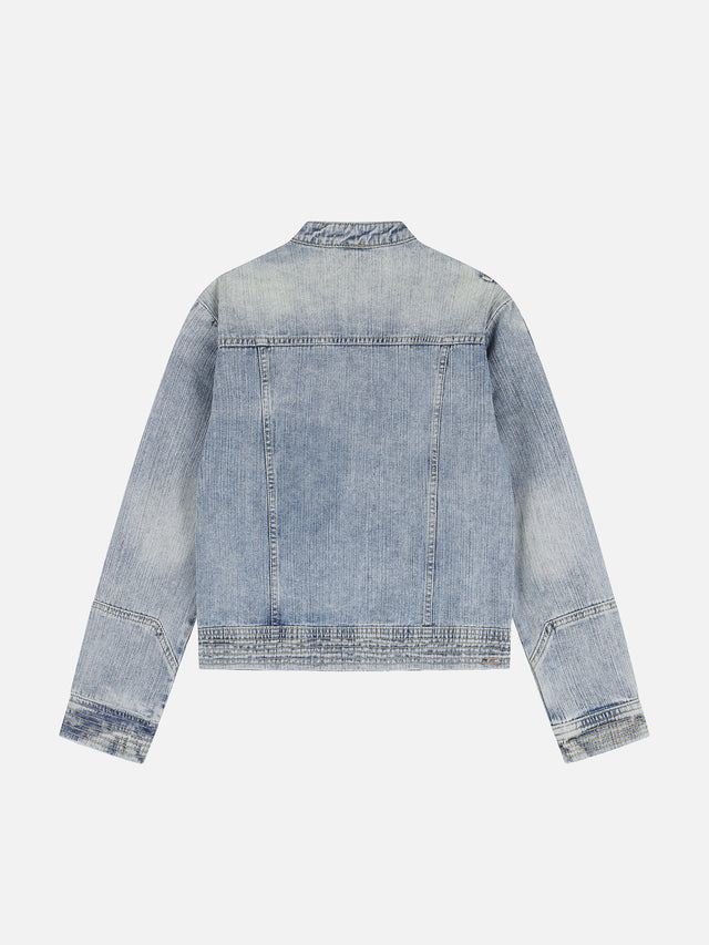 Washed Asymmetric-Zip Moto Boxy Denim Jacket