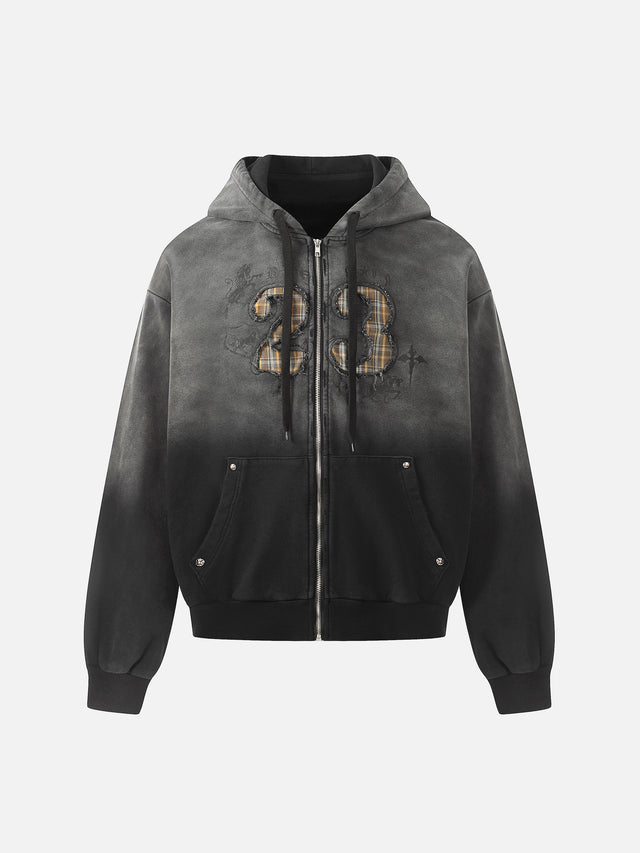 Ombré Wash Plaid Appliqué Number 23 Boxy Zip Hoodie