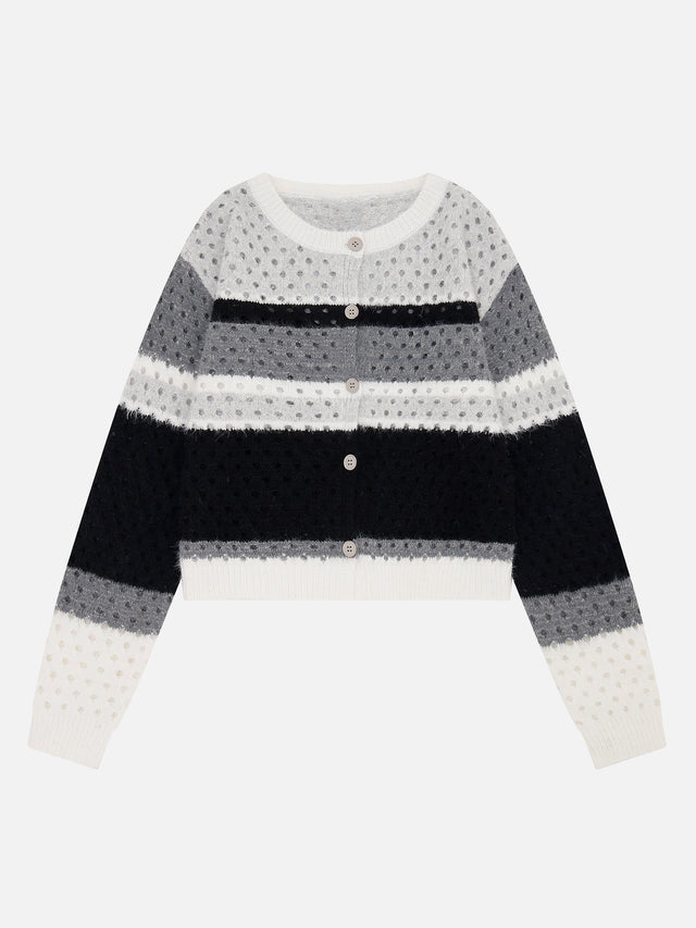 Pointelle Striped Knit Boxy Cardigan With Scarf Set