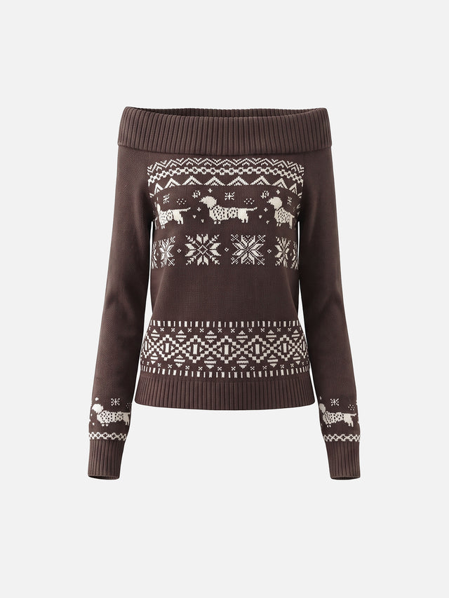 Fair Isle Dachshund Pattern Fold-Over Off-Shoulder Slim Knit Sweater